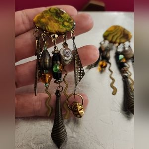 1980s vintage mixed media shell, glass, metal statement earrings